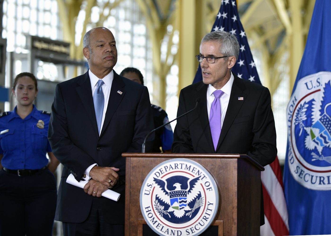 TSA Administrator Peter Neffenger speaks at Ronald Reagan Washington National Airport