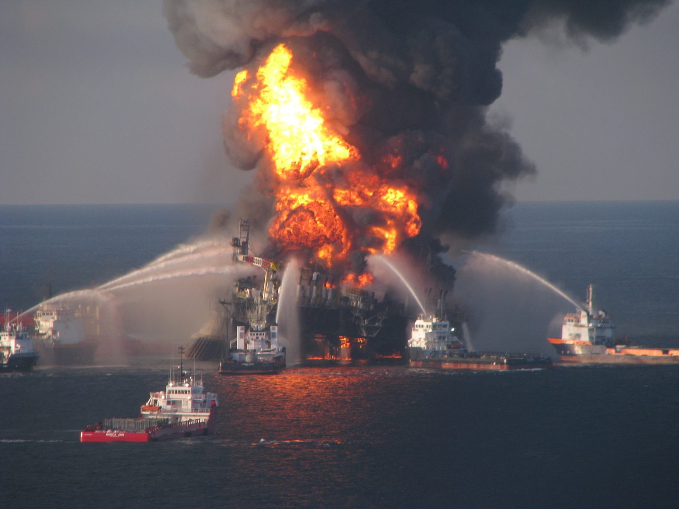 Deepwater Horizon offshore drilling unit on fire in the Gulf of Mexico, April 2010