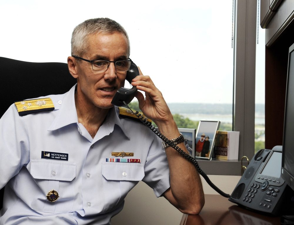 Vice Adm. Peter Neffenger at Coast Guard Headquarters on Coast Guard Day, August 4, 2014